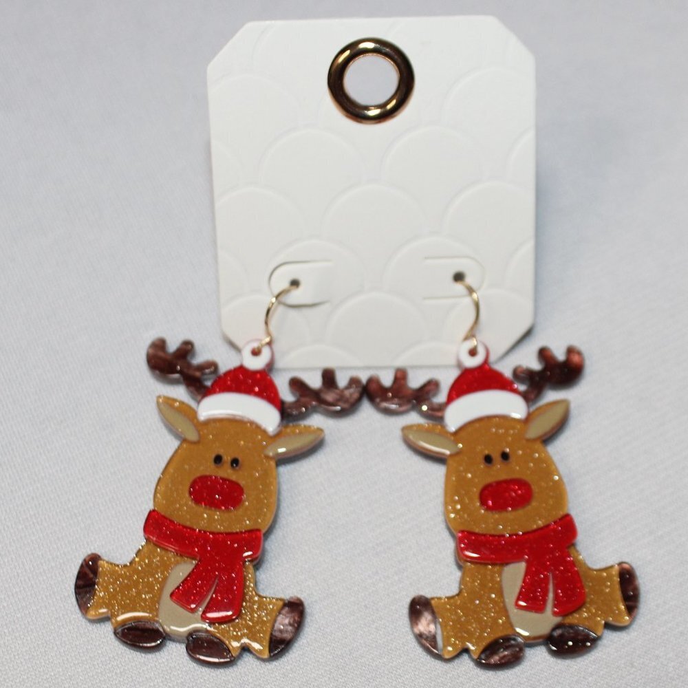 Holiday Reindeer Dangle Sparkle Acrylic Earrings